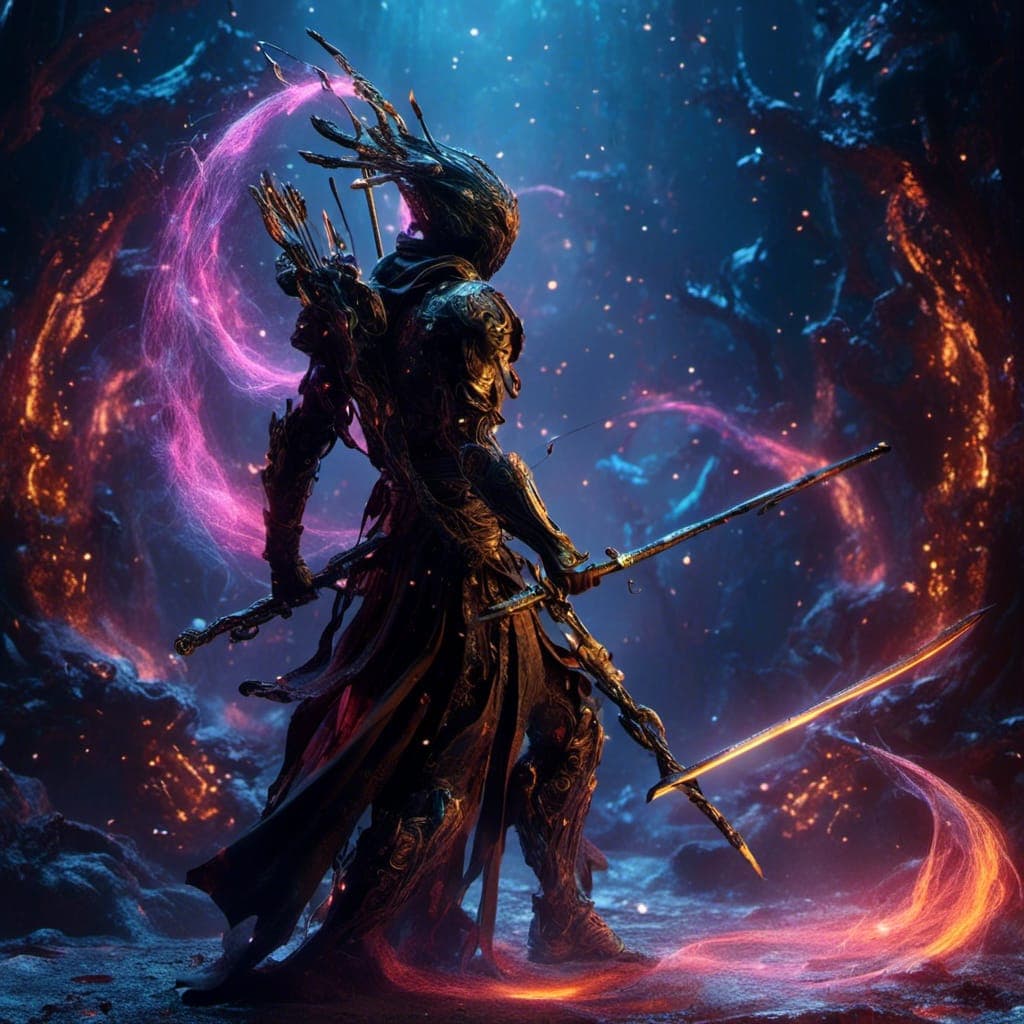 AI generated: Detailed fantasy concept art. Medium shot. A warrior in samurai attire stands with his back turned t...