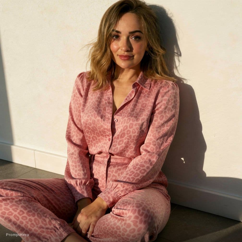 AI generated: photorealistic adult fashion model seated on the floor against the white wall, wearing pink leopard-...