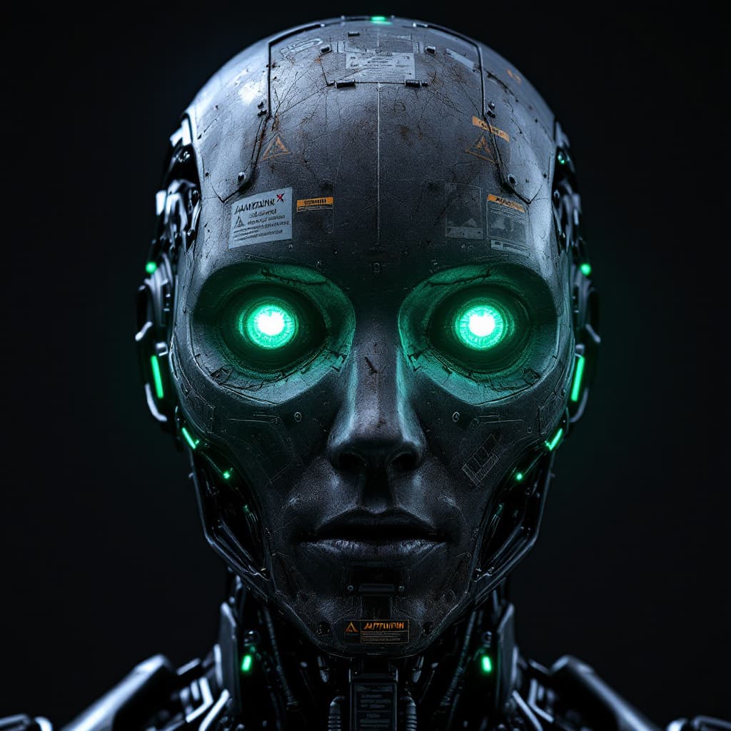 AI generated: A highly detailed robotic head, featuring a semi-matte, scratched, and weathered metallic surface, r...