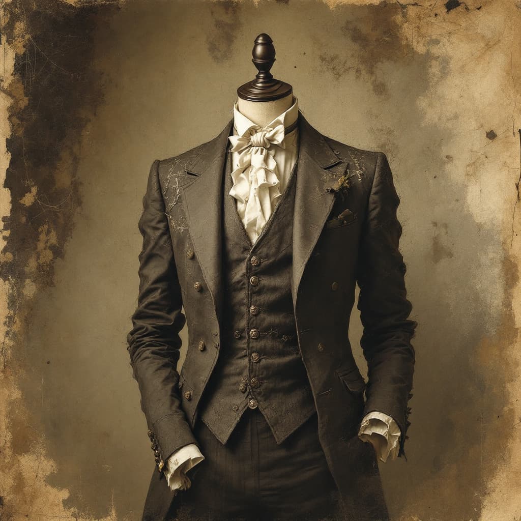 AI generated: generate a unique image, victorian impressionism tailoring mannequin on ancient paper for digital ju...