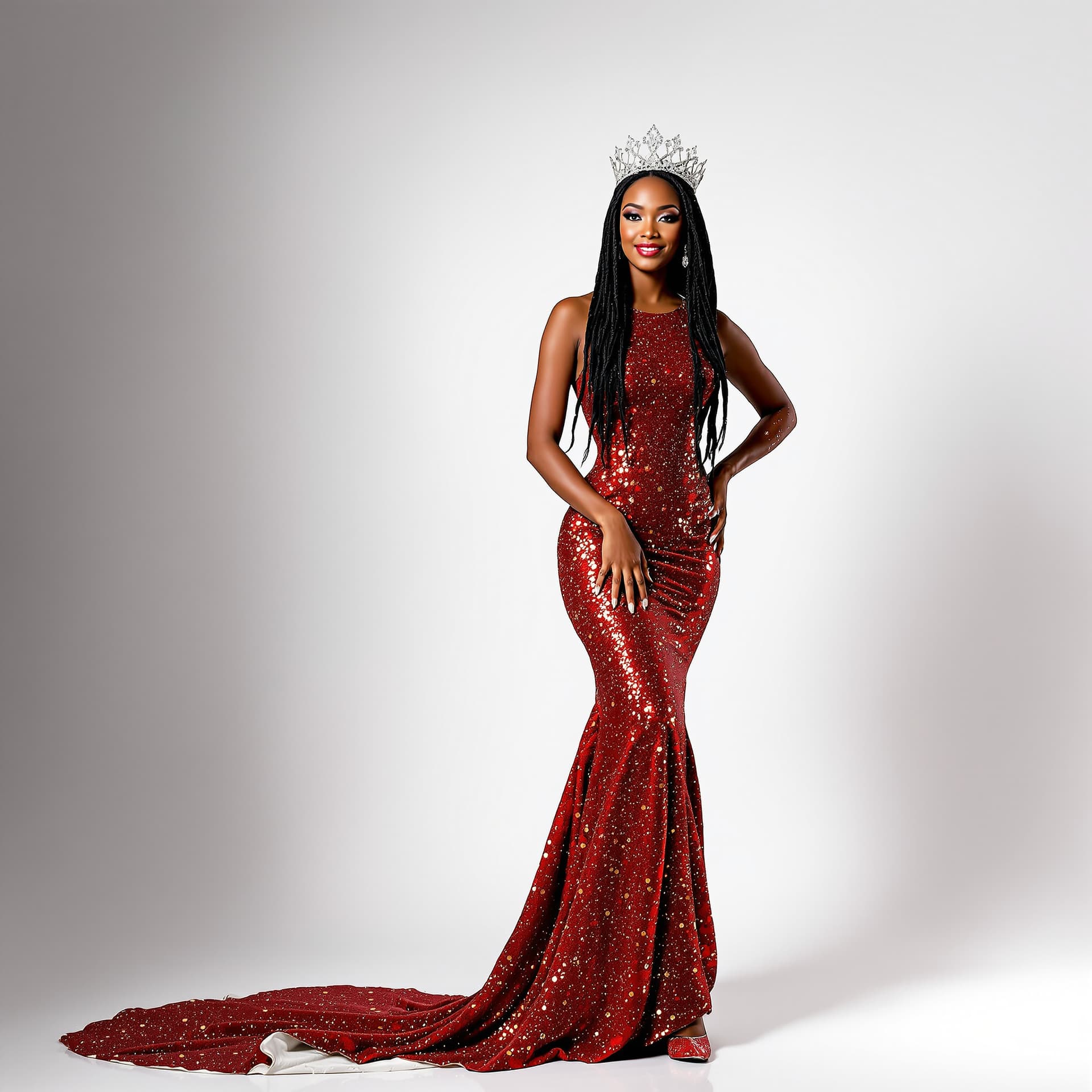 AI generated: A regal African American winter queen stands gracefully against a pristine white background. She has...