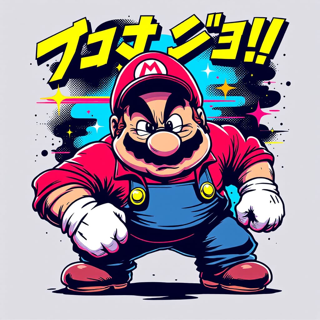 AI generated: High-quality, ultra-detailed anime-style illustration of Bold fat Mario in a dynamic retro pose. The...