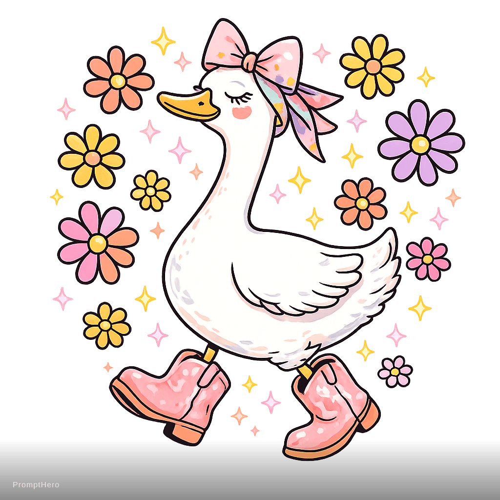 AI generated: Cute white duck walking confidently, wearing oversized pink cowgirl boots and a pastel bandana, long...