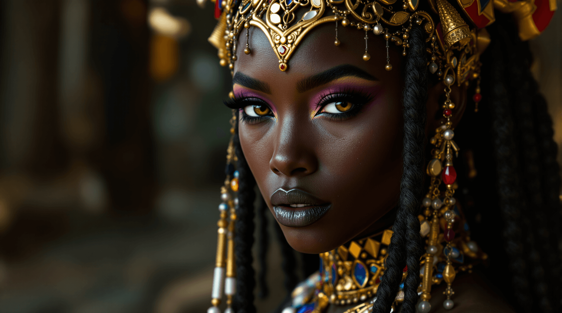 AI generated: Full face view of a ultra realistic of an African queen of Sheba very sultry look, beautiful charism...