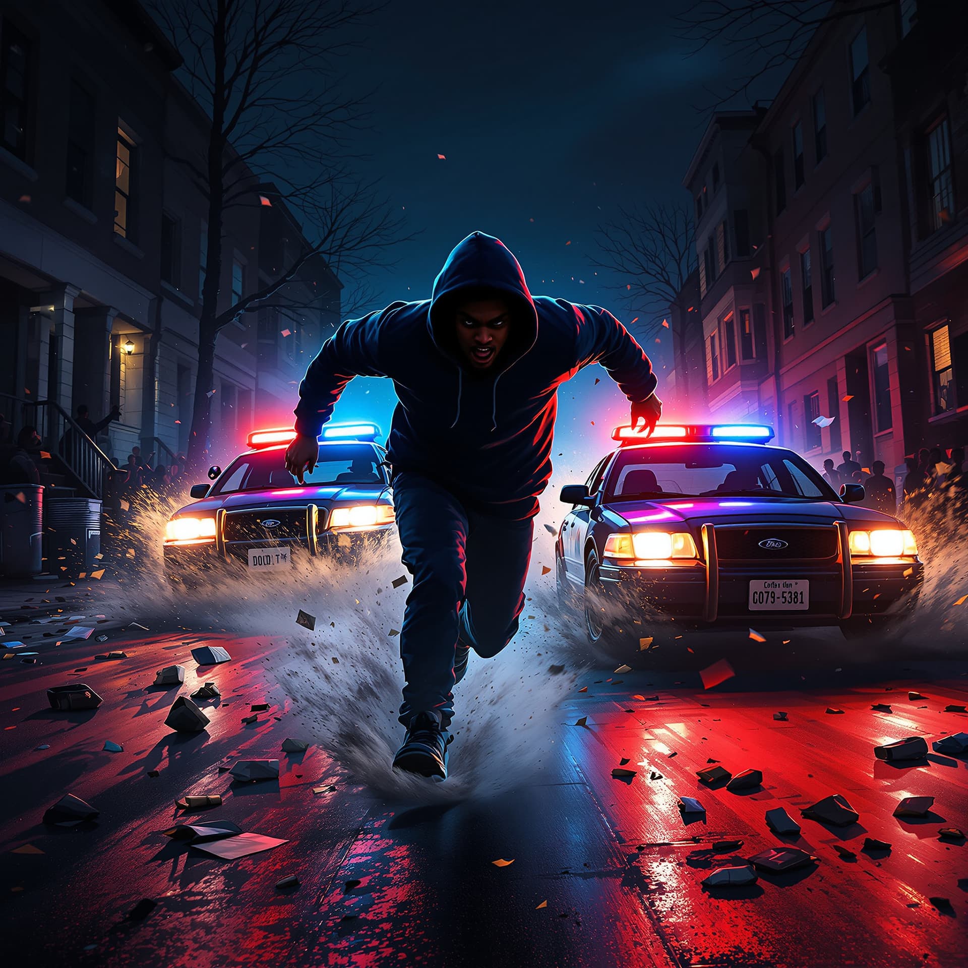AI generated: FRONT view of a young black men in hoodie and urban wear running AT FULL SPEED towards us with fear ...
