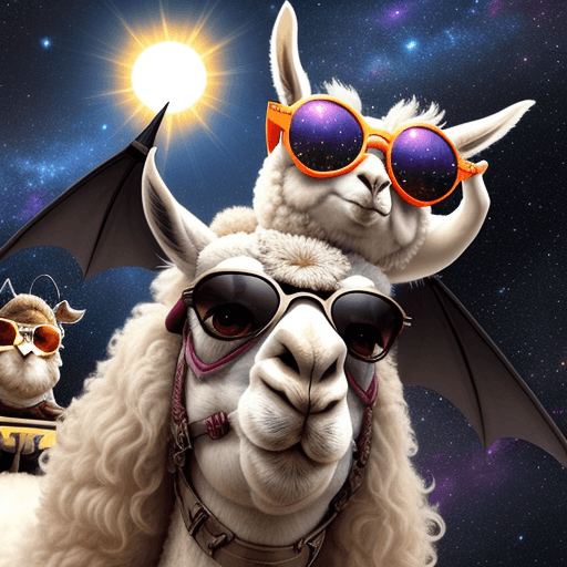 AI generated: a wise male llama with cool sun sunglasses with a cute female bat riding on his head with the backgr...