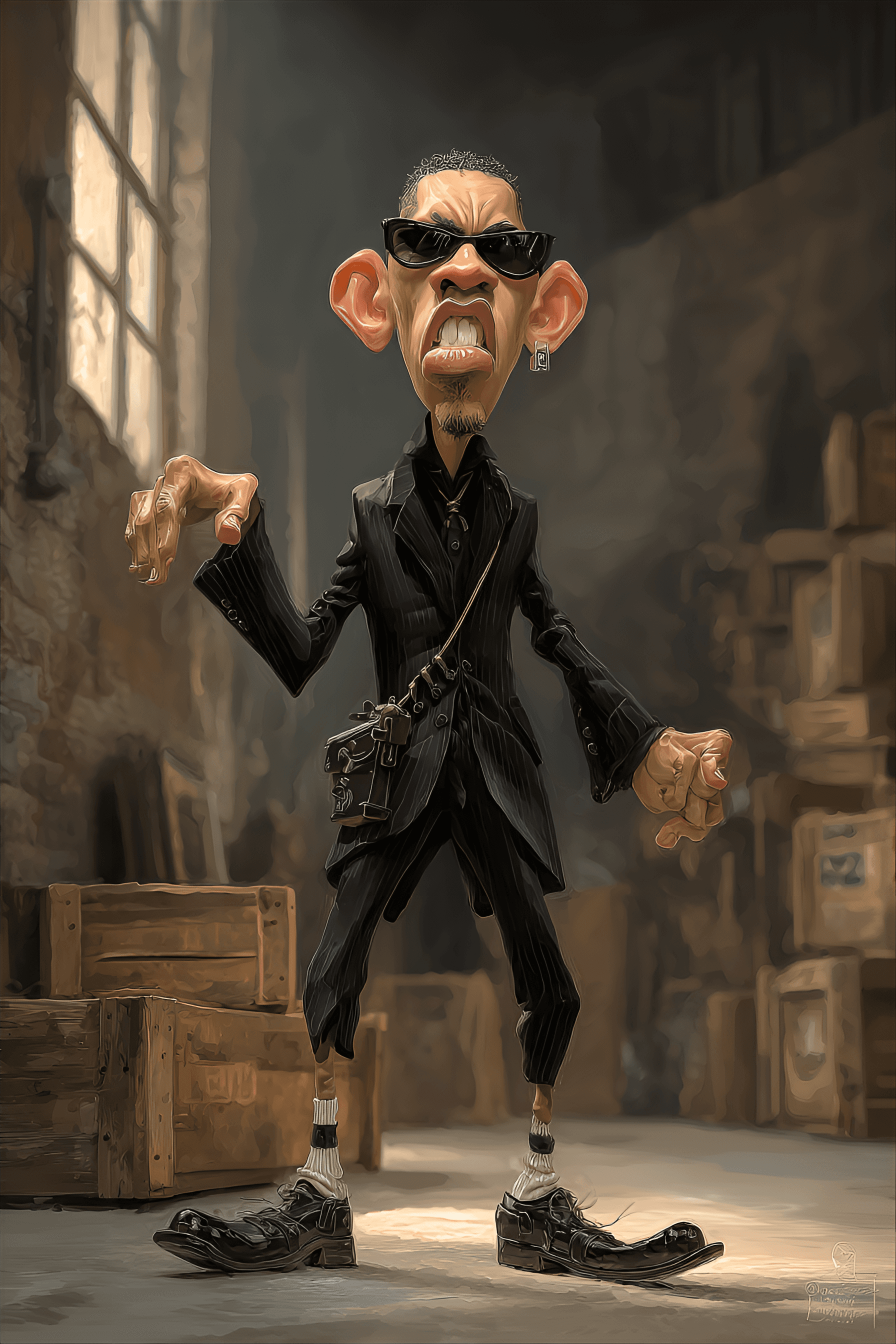 AI generated: funny caricature, zany gangsta henchman, latino ethnicity, 30 years old, clumsy, loyal, dim-witted, ...