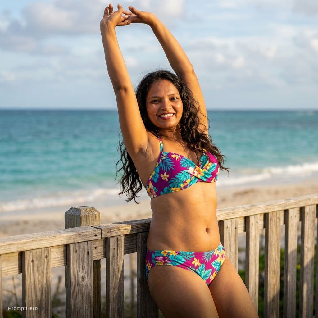 AI generated: A woman stands in a sun-drenched, tropical setting, her arms raised high above her head in a gracefu...