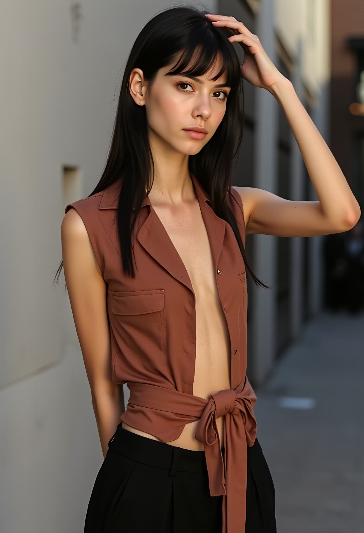 AI generated: street fashion photography, Bauhaus Fashion low angle photo of a 24-year-old Filipino-German female ...