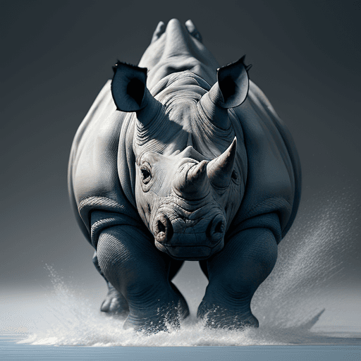 AI generated: An angry rhino made of porcelain white and blue and red is preparing to attack, in its natural habit...
