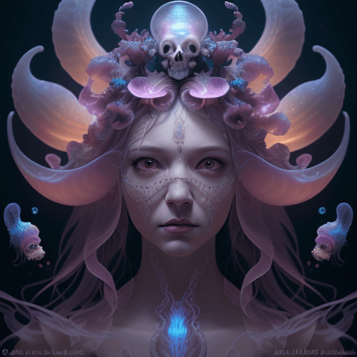 AI generated: Goddess close-up portrait ribcagel. jellyfish phoenix head, nautilus, orchid, skull, betta fish, bio...