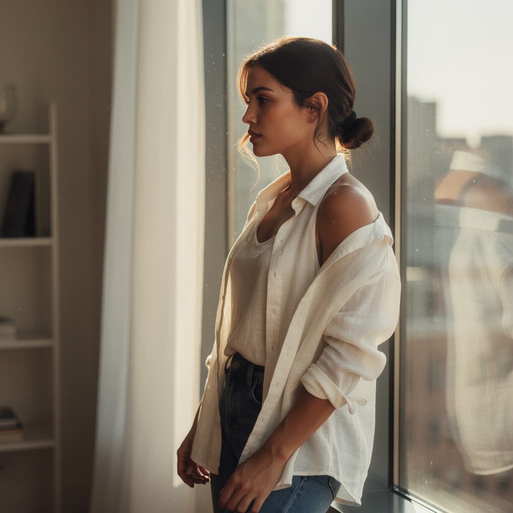 AI generated: A woman leans by a tall window as morning light pours over an athletic hourglass frame and relaxed p...