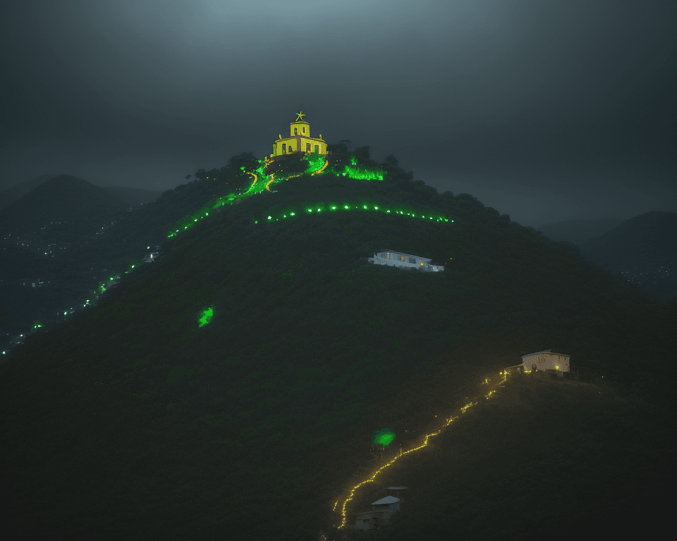AI generated: a hill full of green trees with a wooden holy cross at the top of the hill, lights from the sky surr...