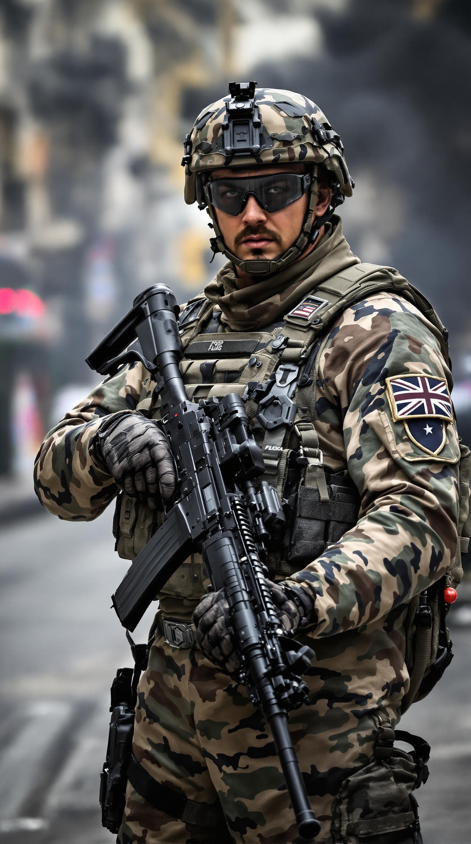AI generated: A fierce, modern British soldier dressed in advanced military tactical gear, with camouflaged fatigu...