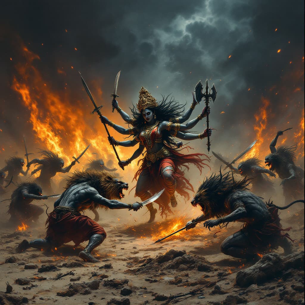 AI generated: The scene unfolds in a fiery desert battlefield at night, where the landscape is scorched, the air h...