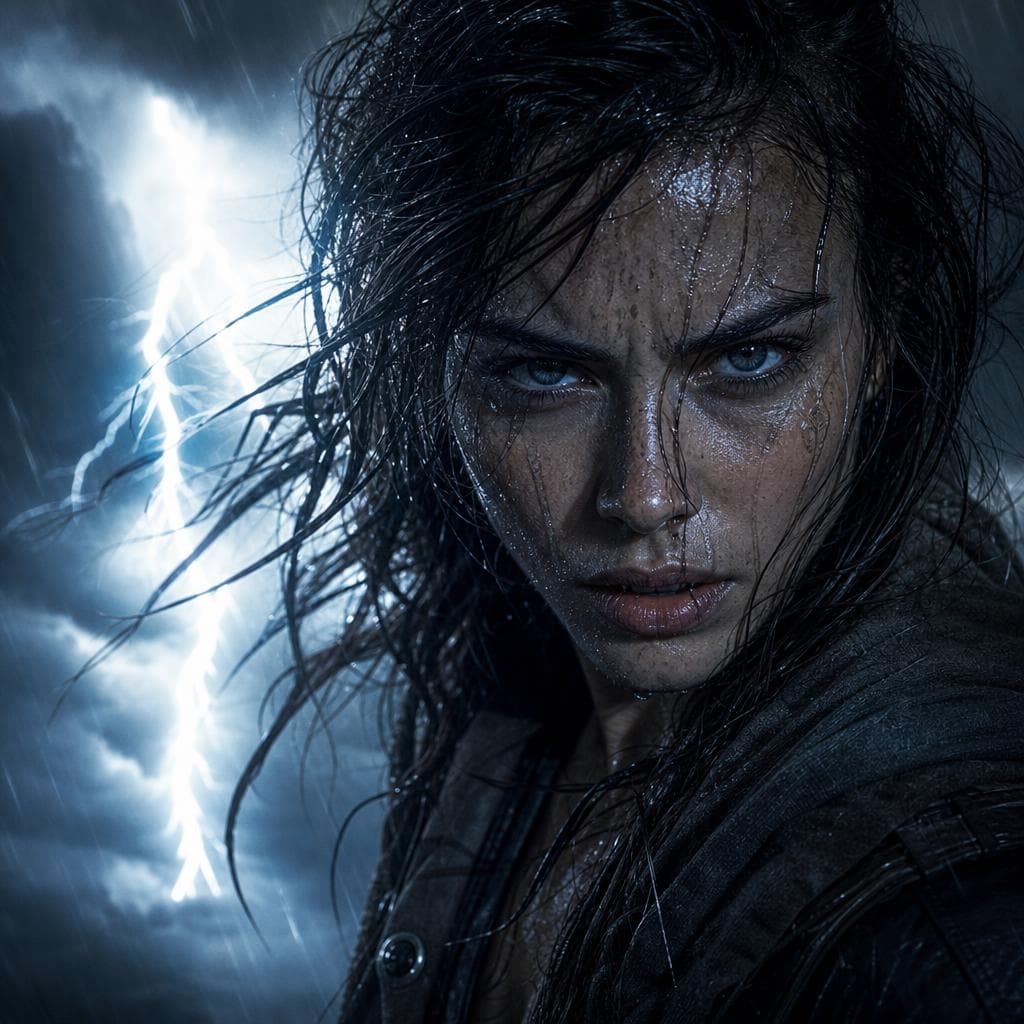 AI generated: Lightning‑Lit Resolve — A Heroine Facing the Fury
A stunning heroine in a tight close‑up portrait, h...
