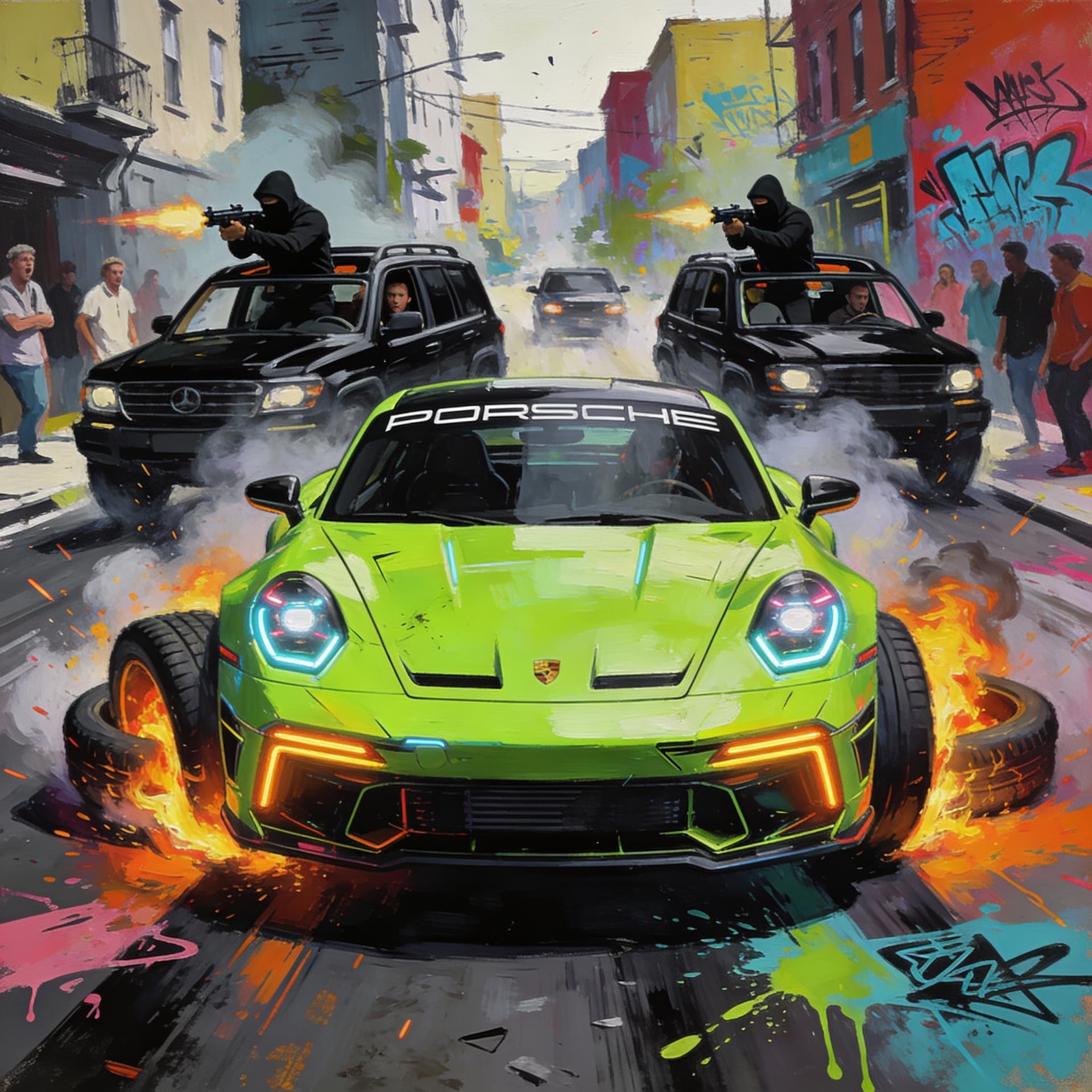 AI generated: Front view of a lime green futuristic porsche with cyberpunk led accent lighting is driving through ...
