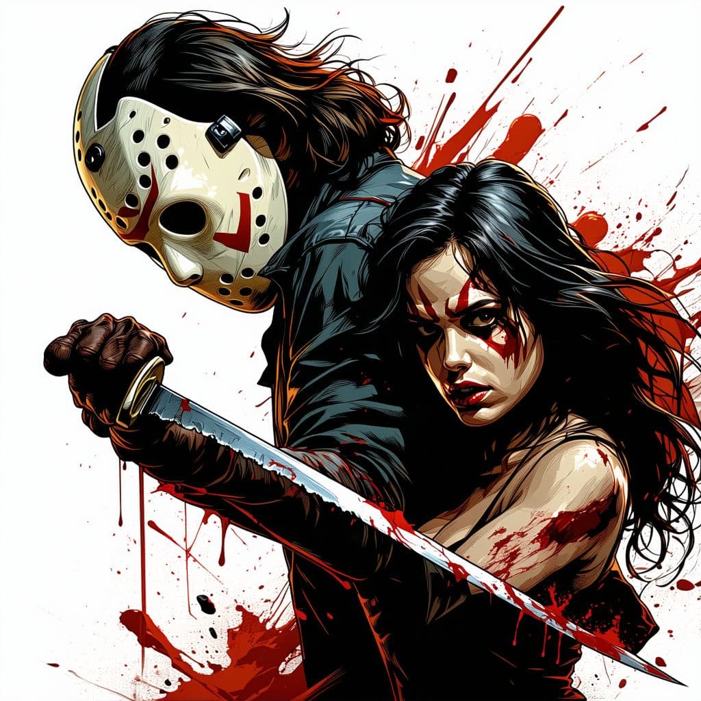 AI generated: Jason character from the horror movie attacking a woman with a knife, dynamic pose, 2d drawing style...