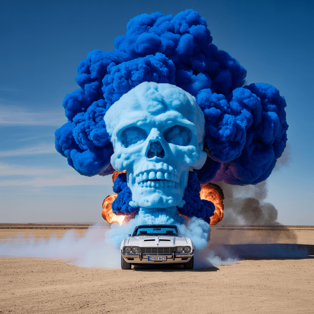 AI generated: A dramatic scene in a desert landscape features a classic white luxury car from front on a sandy, ba...