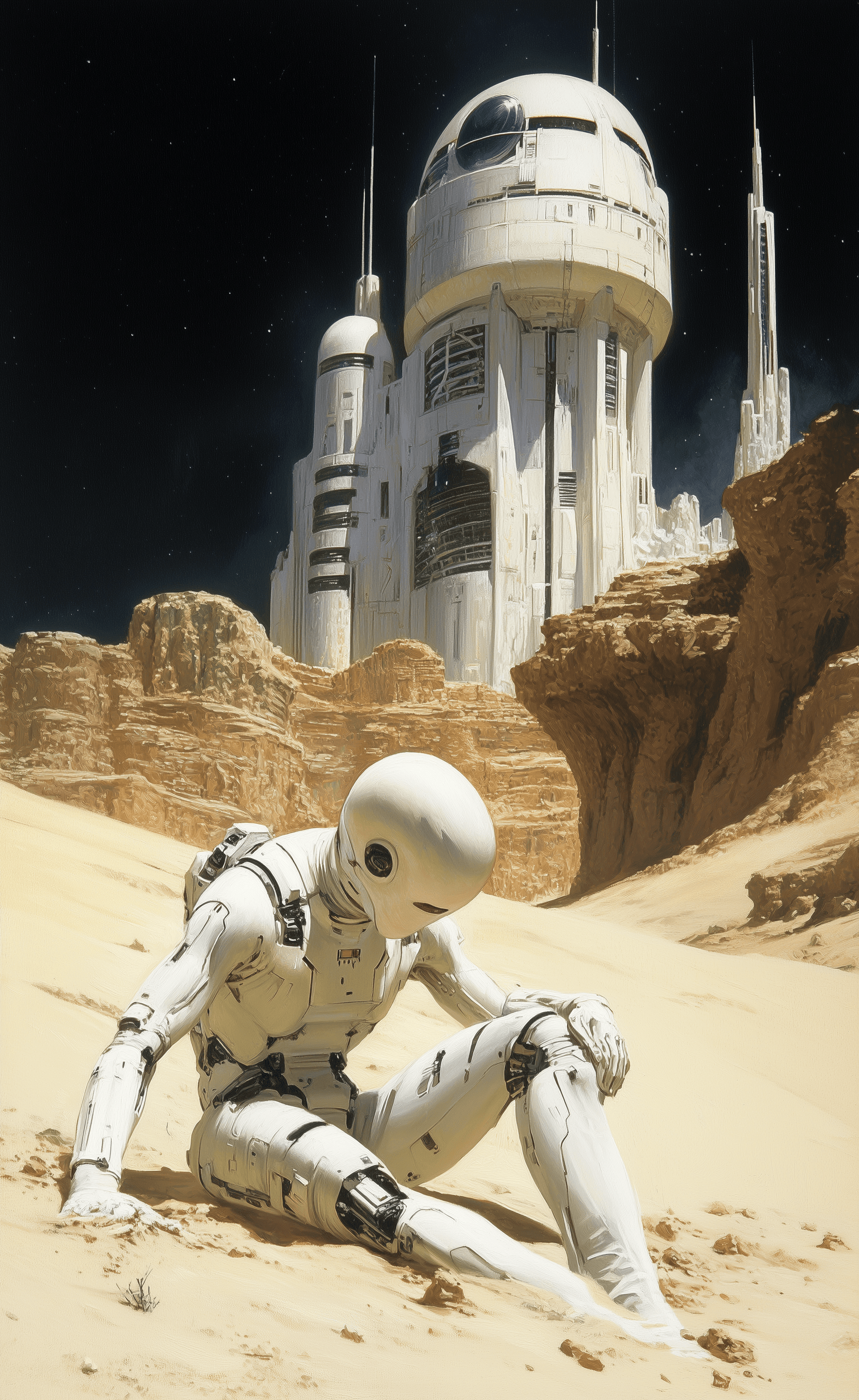 AI generated: A white humanoid robot with no face, crawling on the ground in front of an alien space station atop ...