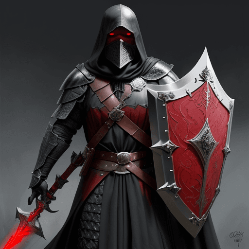 AI generated:  man cleric from the Middle Ages, with face covered by shade of dark-red hood, in scaled black armou...