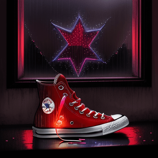 AI generated: converse shoes iluminate red in the window rain, nigth ligthting artwork 