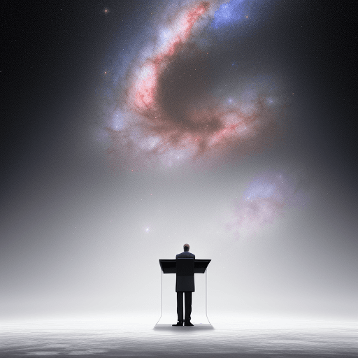 AI generated: a man standing at a lectern, teaching at the precipice of a white room that breaks away to show the ...