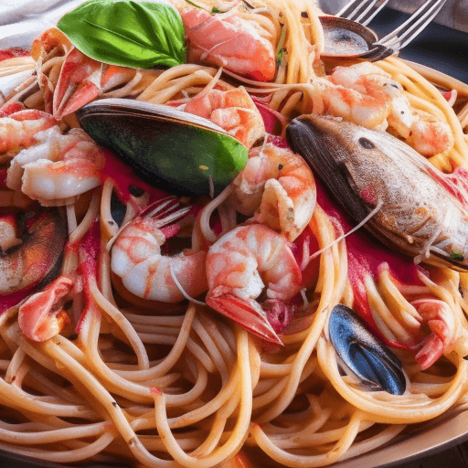 AI generated: A mouthwatering seafood spaghetti masterpiece. Only the pasta is a vivid magenta color, elegantly pl...