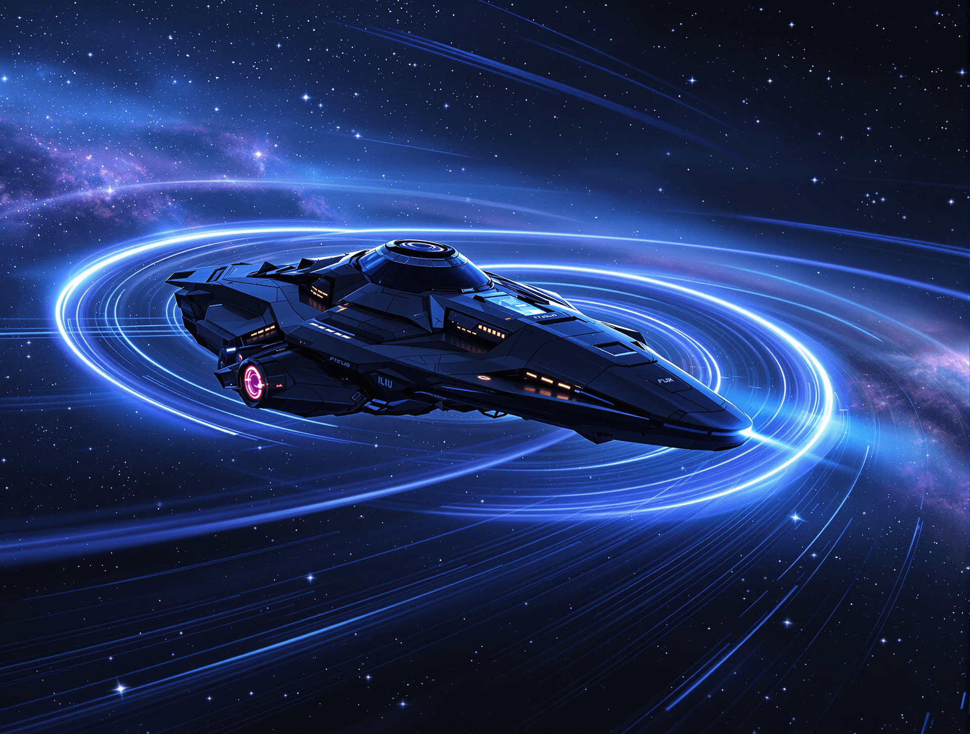 AI generated: A **futuristic spacecraft** traveling through deep space using an **Alcubierre warp drive**, depicte...