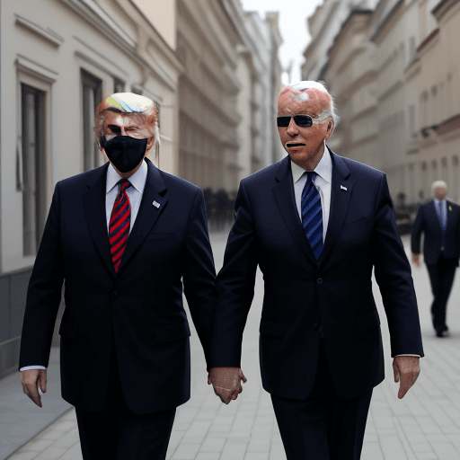 AI generated: Joe Biden eating with Donald Trump, walking in Warsaw, holding hands