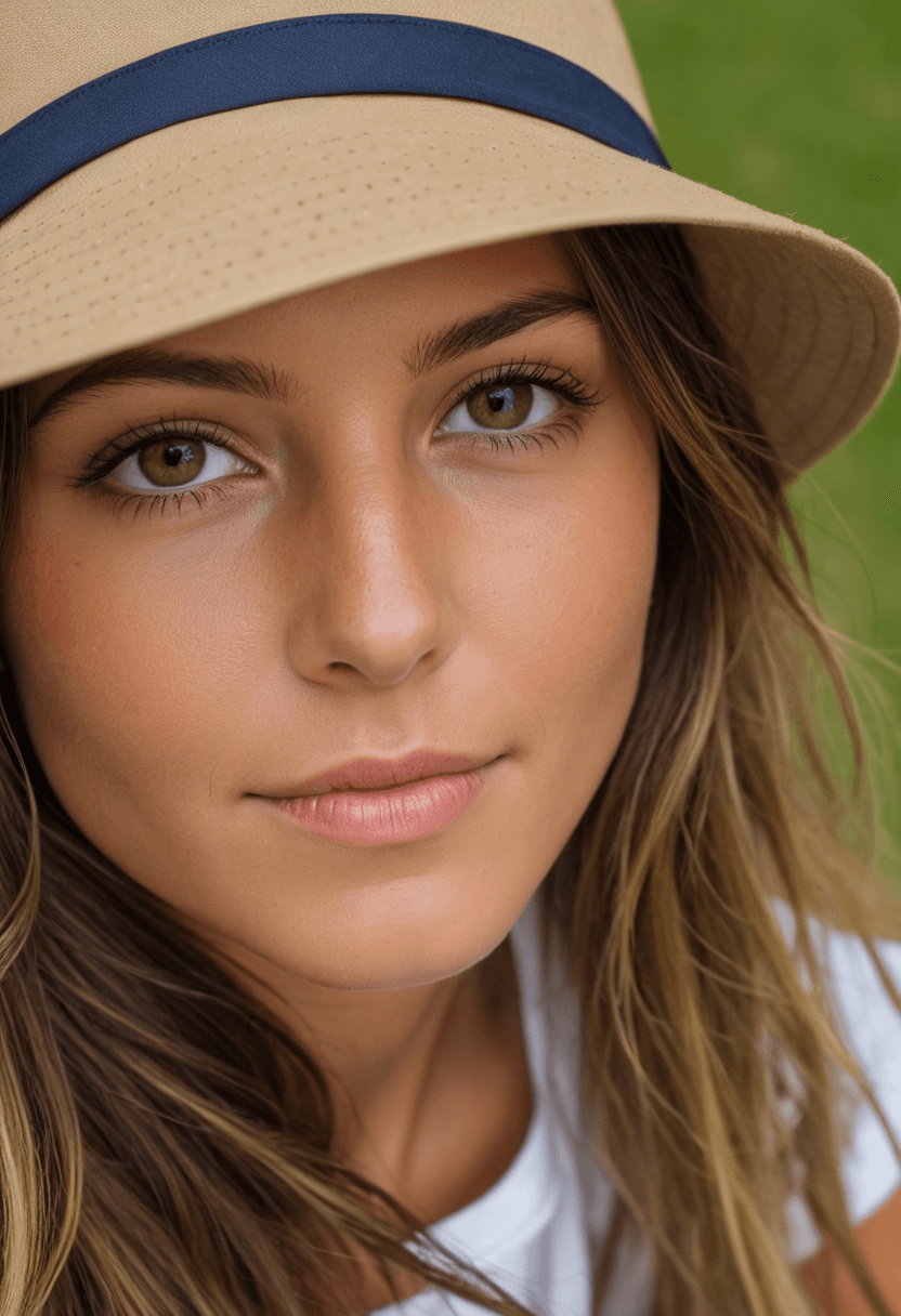 AI generated: breathtaking fit woman, Karina Doherty, long brunette hair with blonde highlights, hazel eyes, light...
