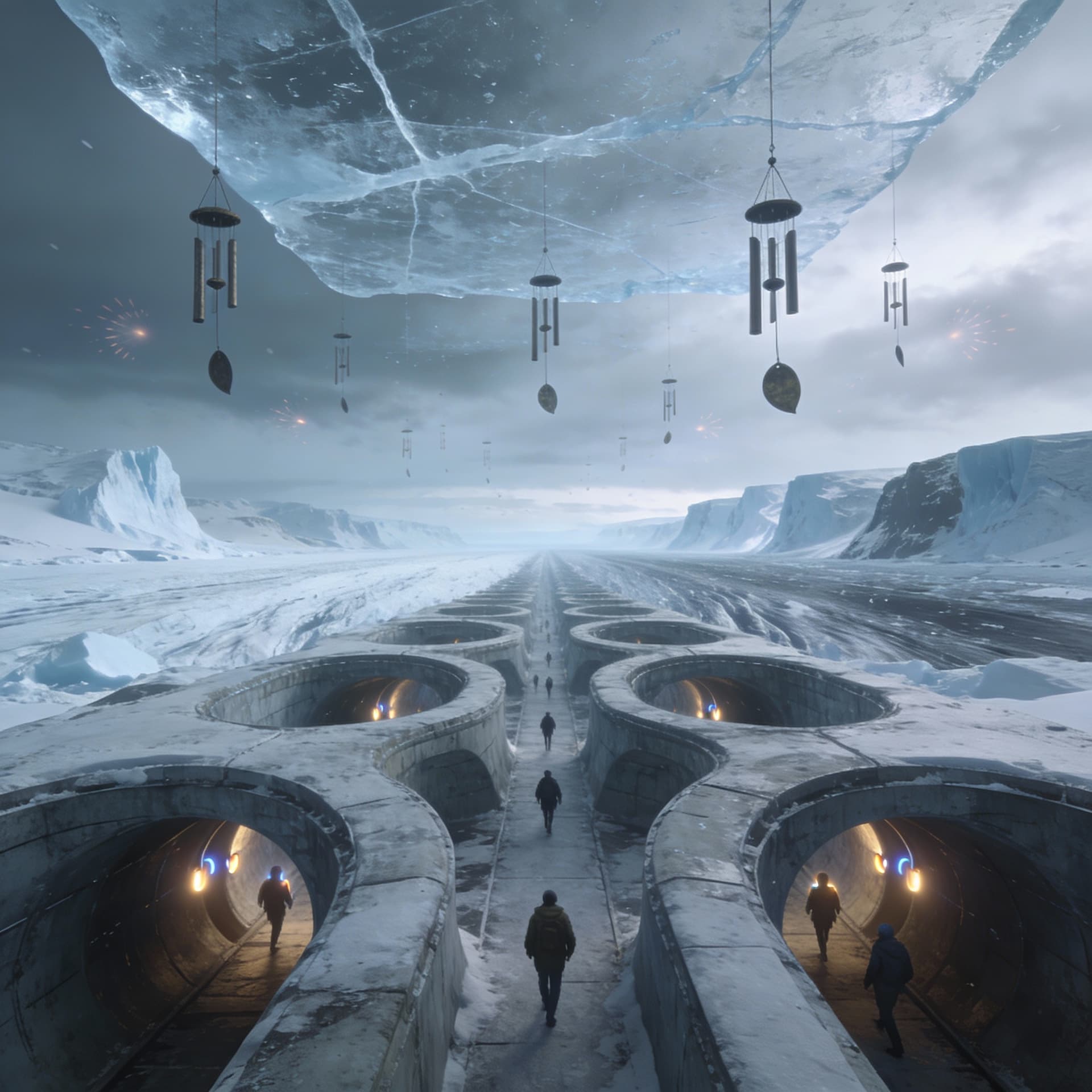 AI generated: Multiple connecting tunnels in antartica bellow thin ice,multiple people moving around the tunnels,T...