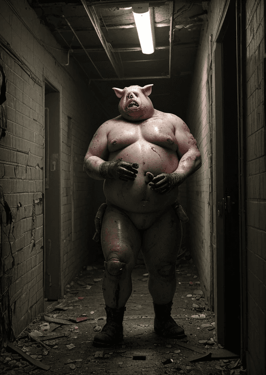 AI generated: A detailed action figure of a horrifying male humanoid pig creature, grotesquely obese, wielding a c...