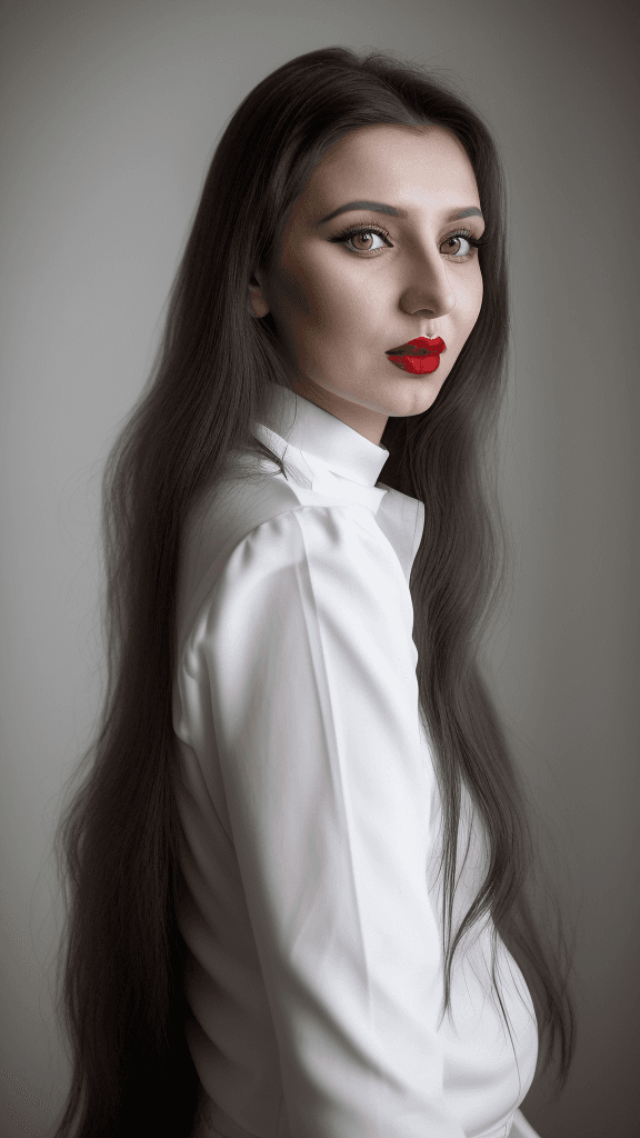 AI generated: arafed woman with long hair and white lipstick posing for a picture, ekaterina, profile image, red l...