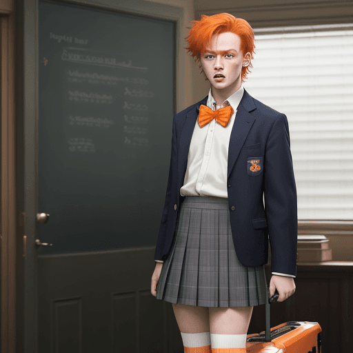 AI generated: masterpiece, mid shot, conan dressed man with orange hair and a suitcase, a portrait inspired by Har...