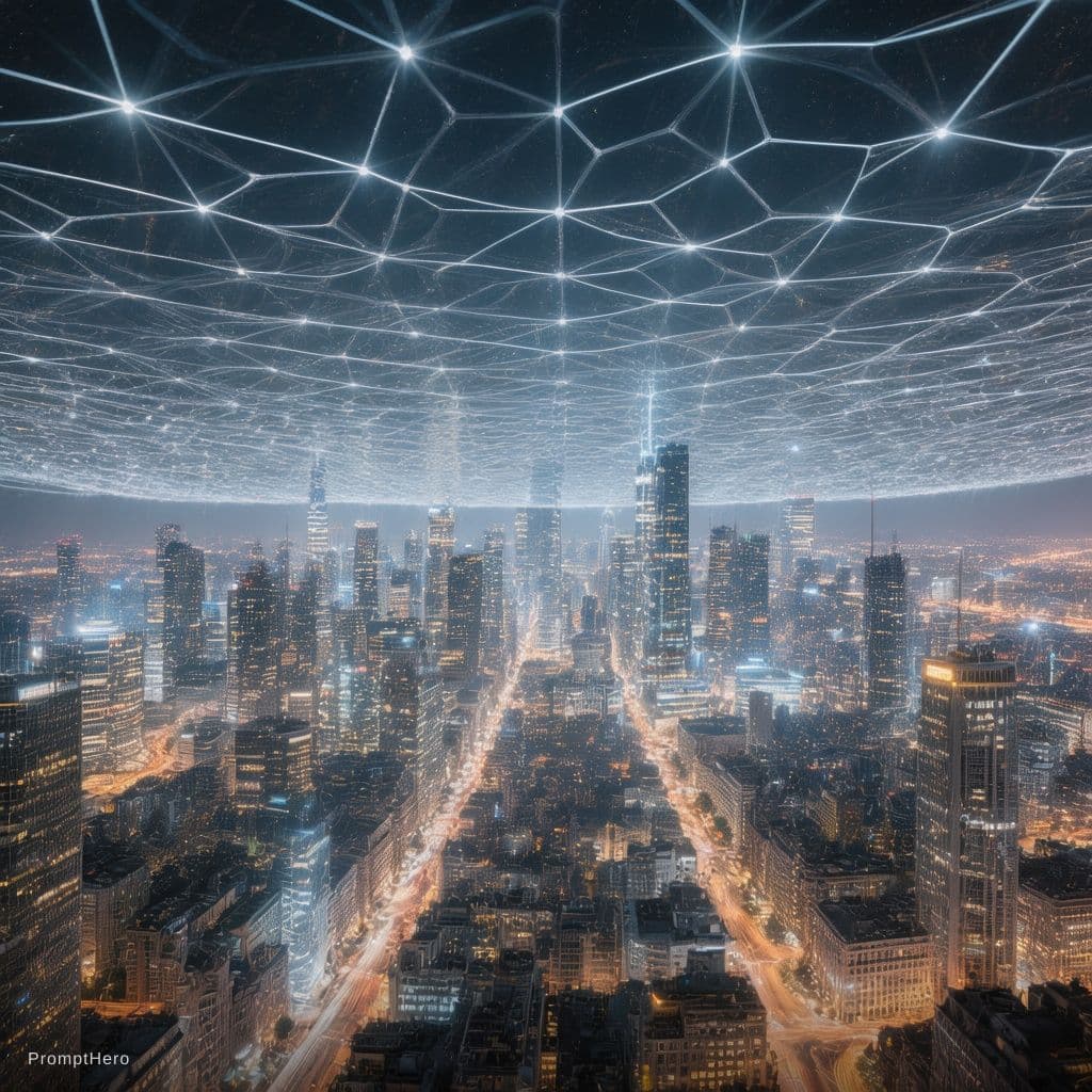AI generated: An elongated photograph using long exposure, revealing the magnificence of a vast metropolis at nigh...