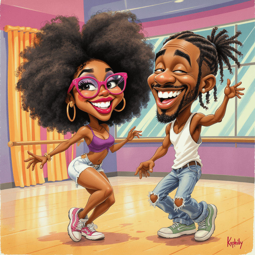 AI generated: imagine  a caricature of two young African-American hip-hop dancers in a lively, playful style. The ...