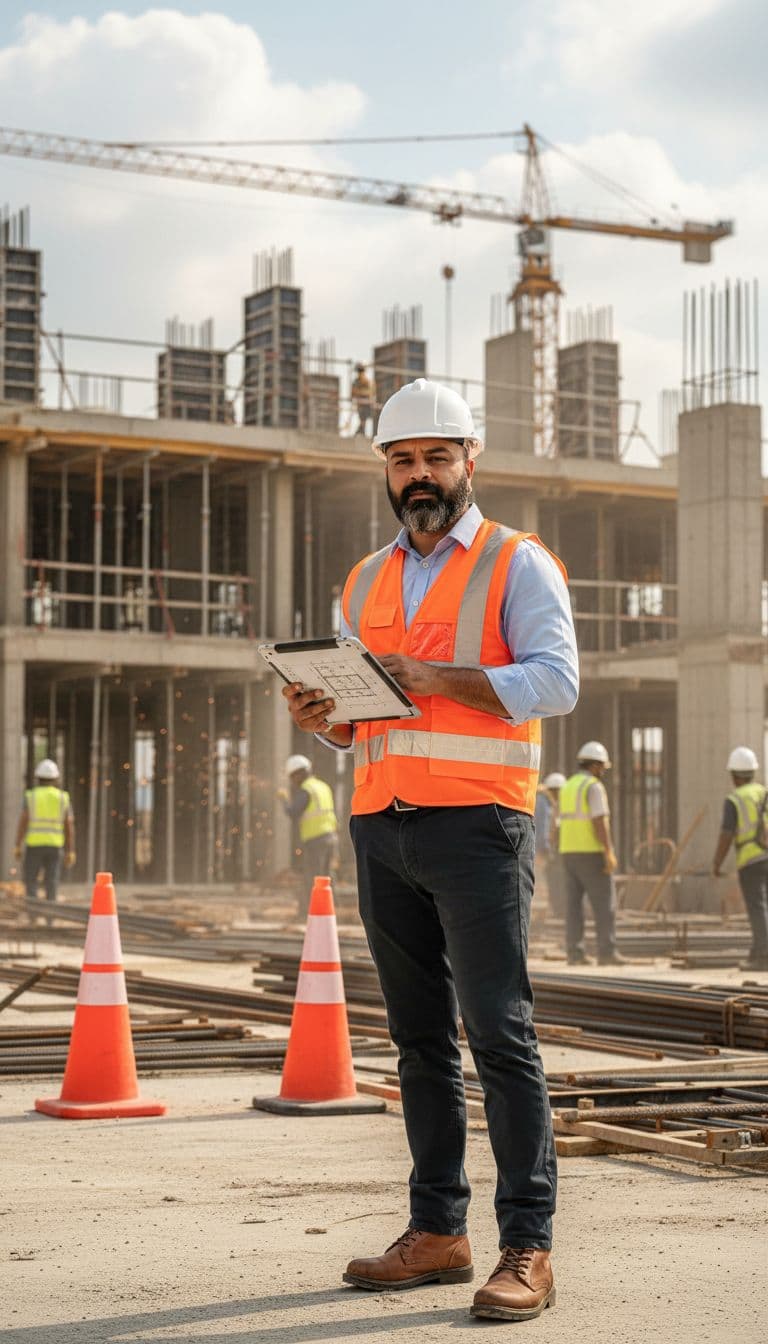 AI generated: A professional site engineer is standing at an active construction site during a routine site visit....