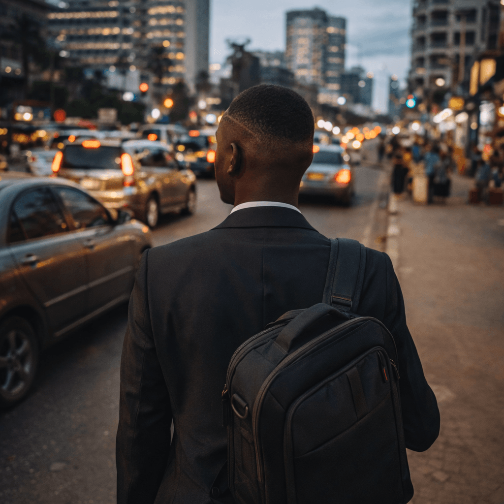 AI generated: A young professional walking home in the evening from work in the streets with a laptop bag wearing ...