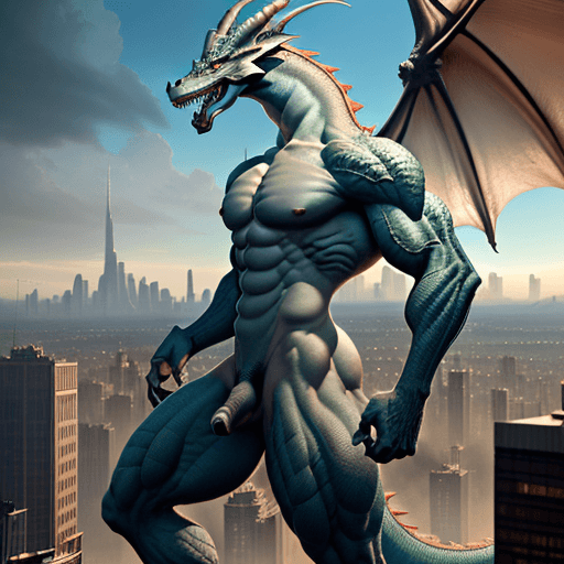 AI generated: skinny, athletic anthro dragon, briefs with disproportionately massive bulge, gargantuan, towering o...