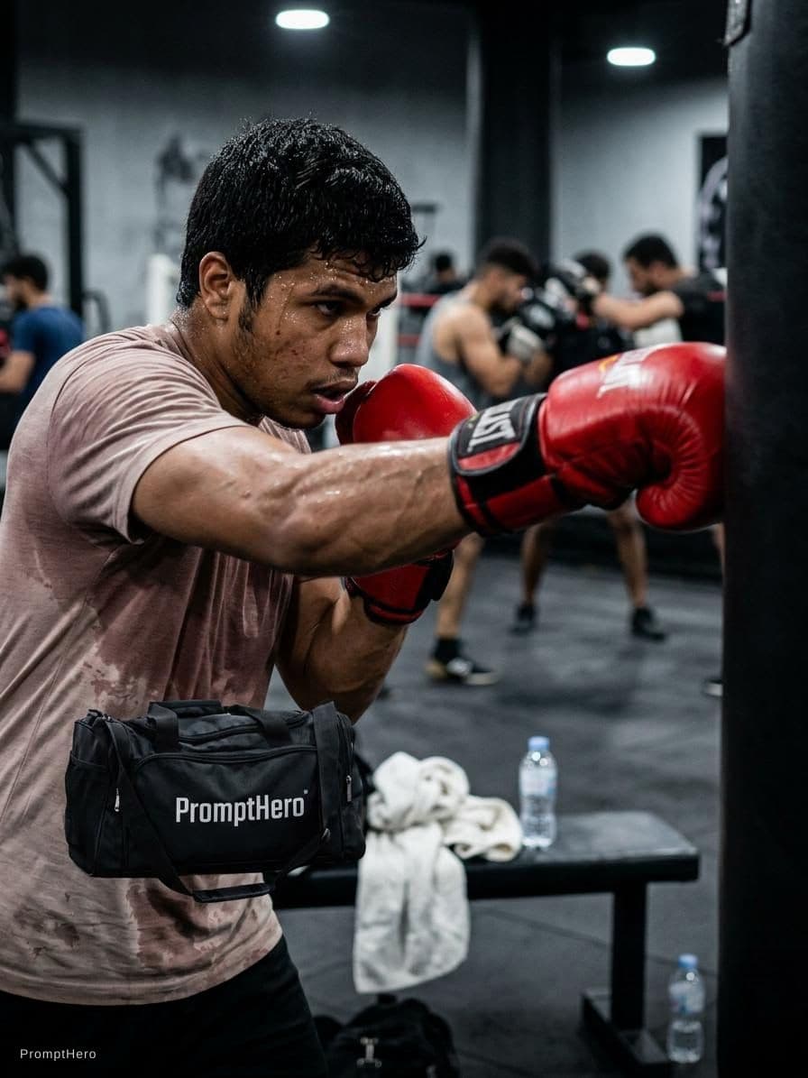 AI generated: a boxer trains extra hard, PromptHero gym bag nearby
