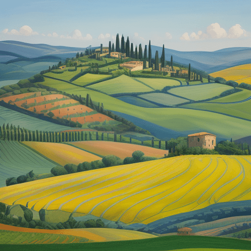AI generated: A tuscan landscape in summer in expressionist style with meadow in the  foreground
