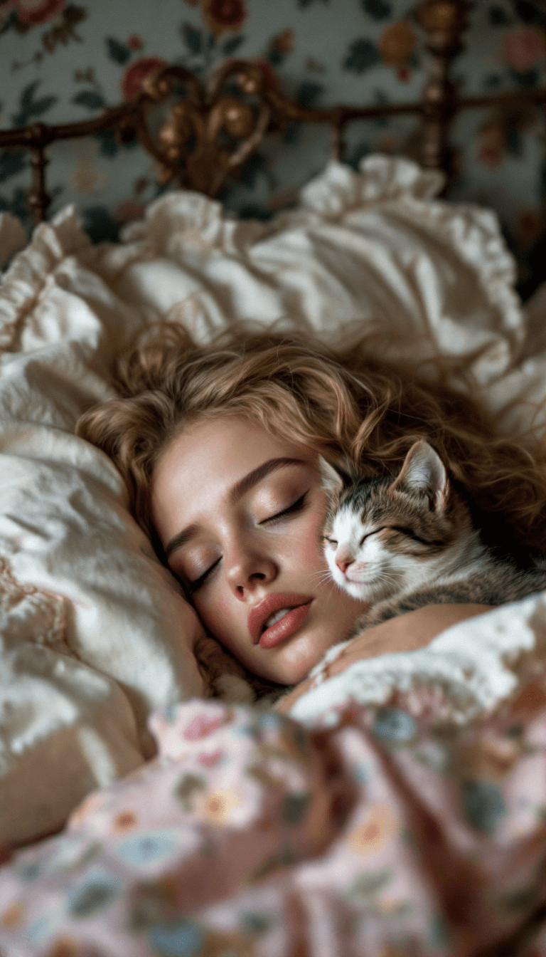 AI generated: a closeup photo of a bohemian woman with rosy skin and a cat, they are cuddled up and sleeping in a ...