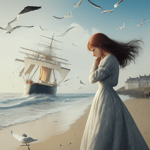 AI generated: A sad and melancholy woman on the seashore, seagulls flying, a ship passing in the distance, the ima...