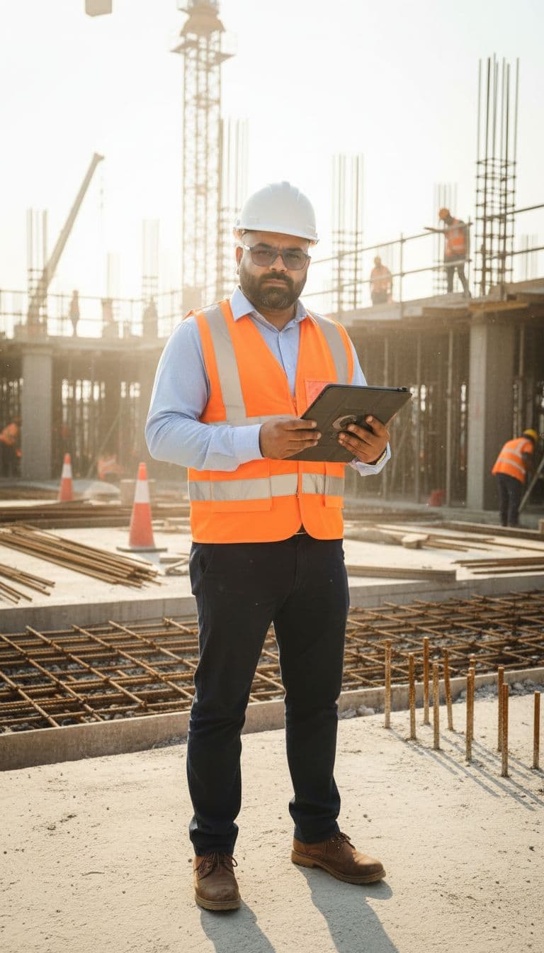 AI generated: A professional site engineer is standing at an active construction site during a routine site visit....