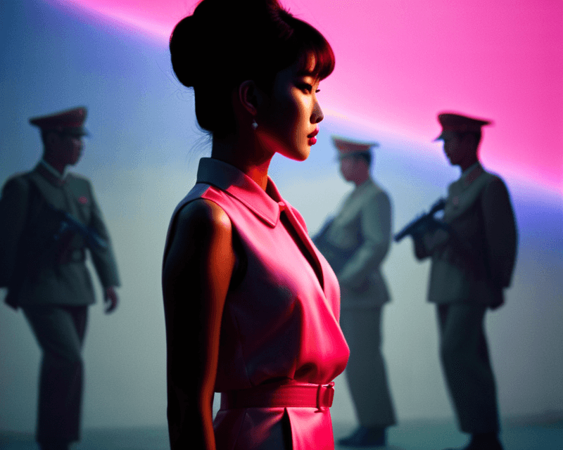 AI generated: AnalogRedmAF, dosposable photo, silhouette of a slender fashion model, north korean army in the back...