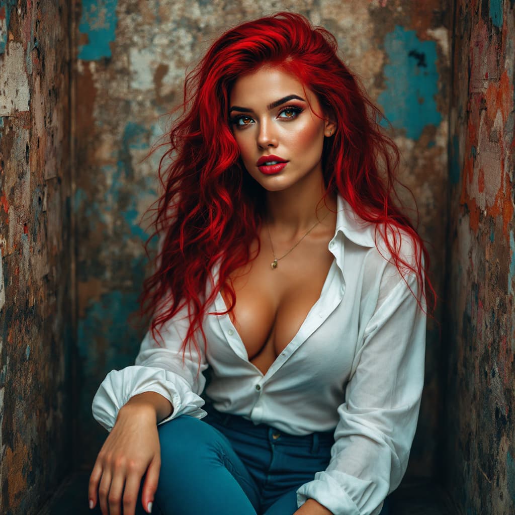 AI generated: Mujer, cabello rojo brillante, obra maestra, 4K, dramático, mujer voluptuosa, manos con energía de c...
