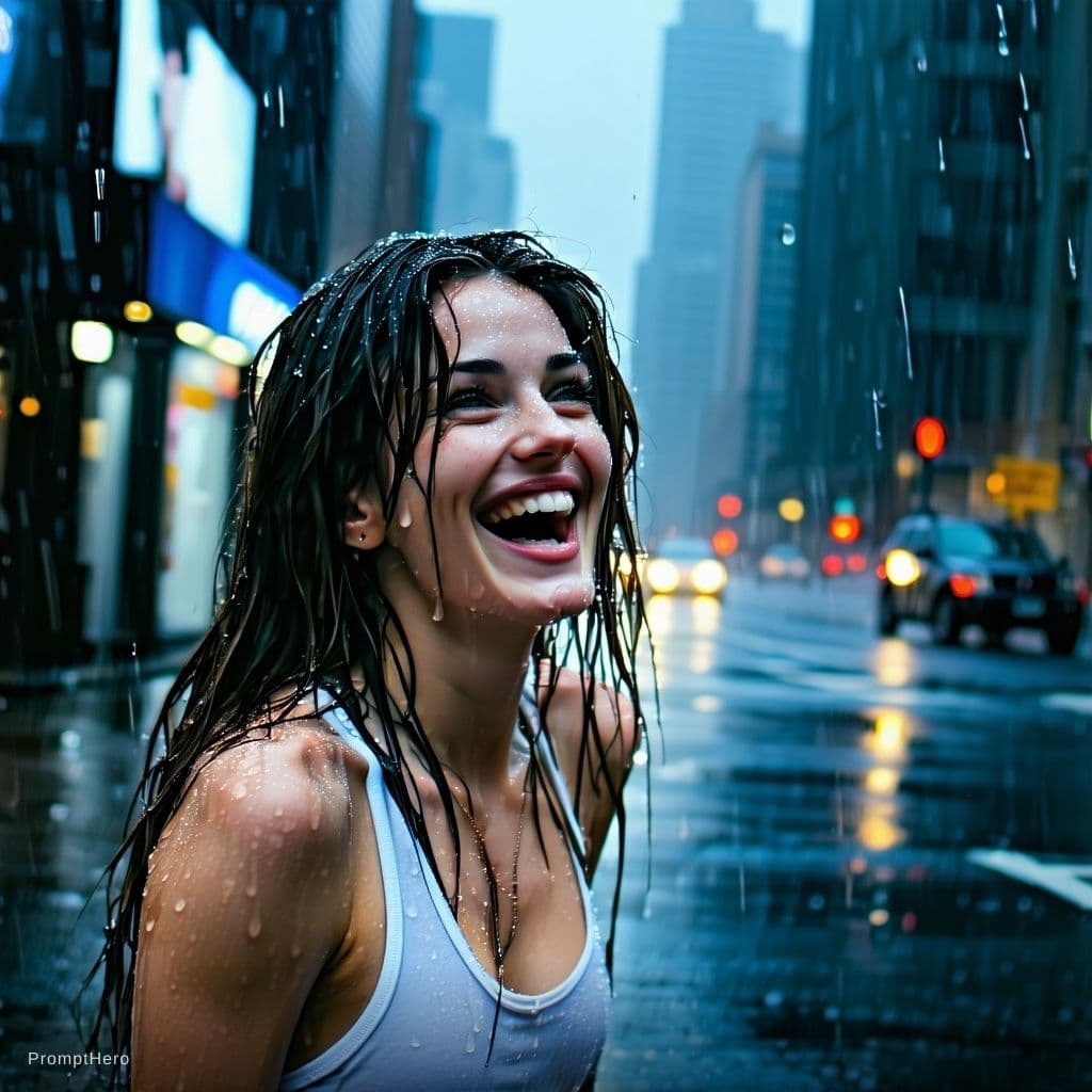 AI generated: iphone photo woman, long brunette hair, walking the city streets at night in the rain, bright white ...