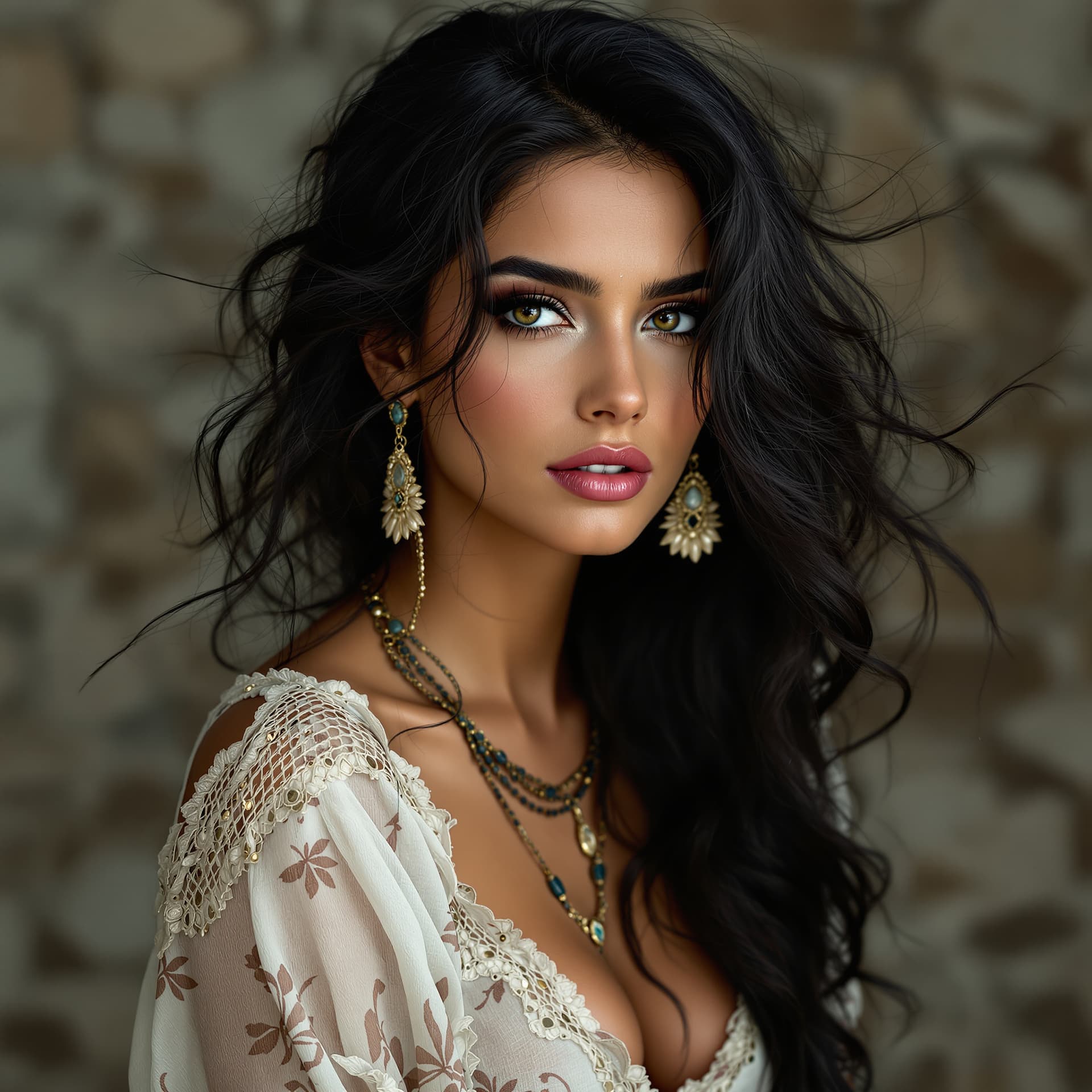 AI generated: ultra gorgeous Bohemian woman, with dark hair and eyes. hyper-realistic
