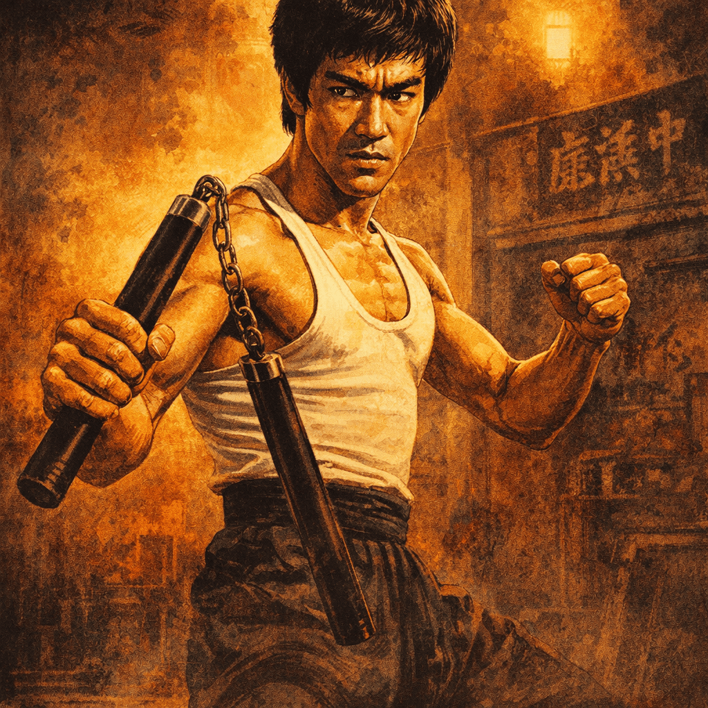 AI generated: A detailed illustration of Bruce Lee in his iconic role from the 1972 film "The Way of the Dragon," ...